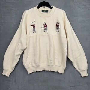 Vintage Orvis Mens XL Sweater Cream Golfers Embroidered Crew Neck Knit